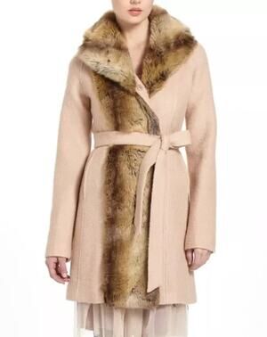 Anthropologie Elevenses Divna Wool Coat Faux Fur Collar & Trim Size 0 Blush Pink